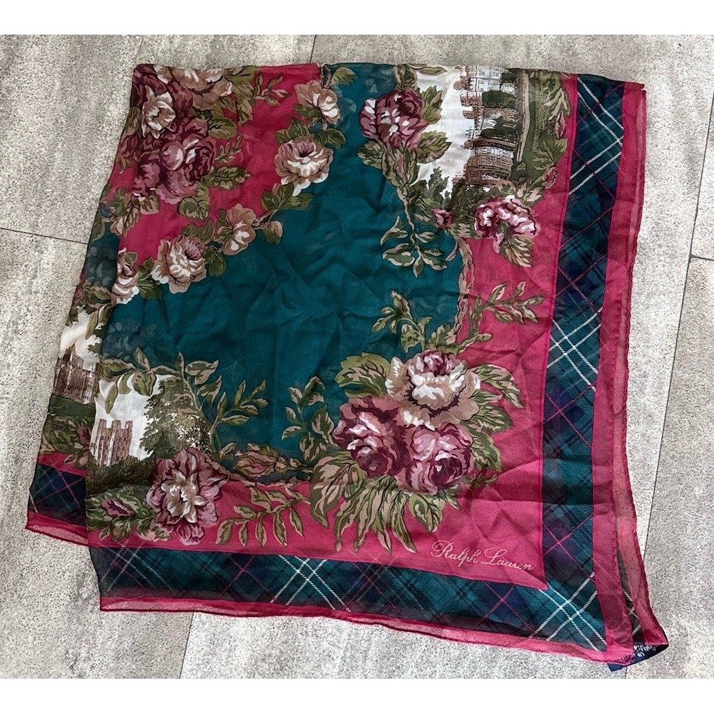 Ralph Lauren Vtg 100% Silk Plaid Floral Scarf Burgundy Green Castle 34 in Square